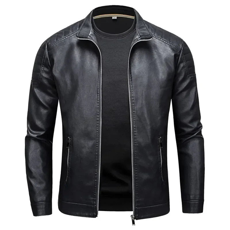 Spring New Men Solid Color Fashion Long Sleeve Faux Leather Coats Male Stand Collar Leather Jacket