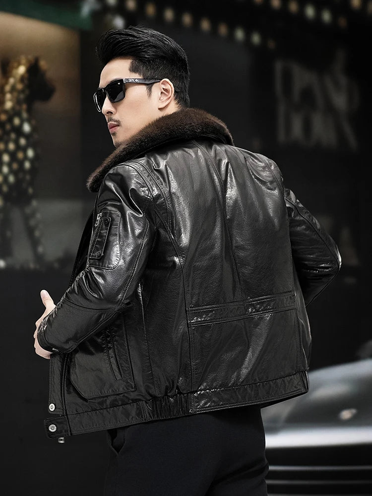 Winter Men Cowhide Genuine Leather Down Jacket Faux Mink Fur Collar Slim Fit Thick Warm Coat Moto Biker White Duck Down Overcoat