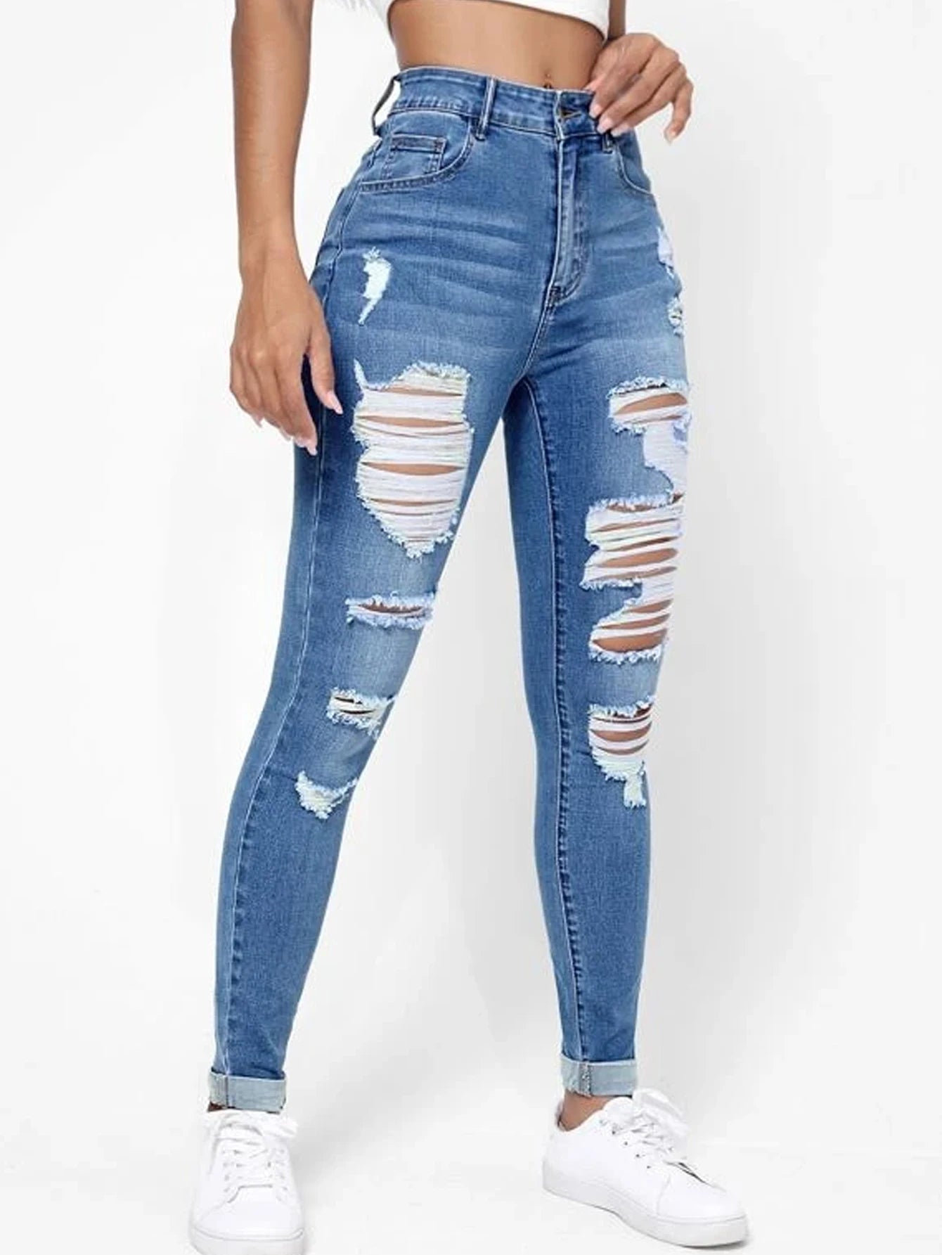 Ripped Holes Casual Skinny Jeans Autumn, Slash Pockets Distressed Single-Breasted Button Mid Waist Denim Pants