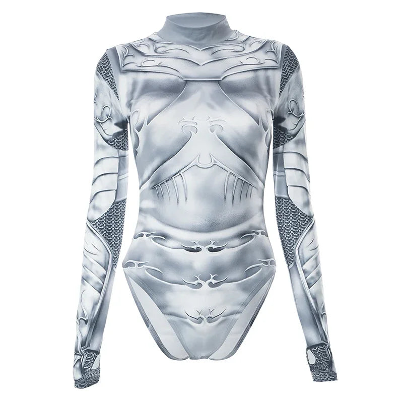 CUTENOVA Women Gothic Metal Machine Robot Printed Long Sleeve Bodysuit High Neck Casual Skinny Bodycon Jumper Casual Streetwear