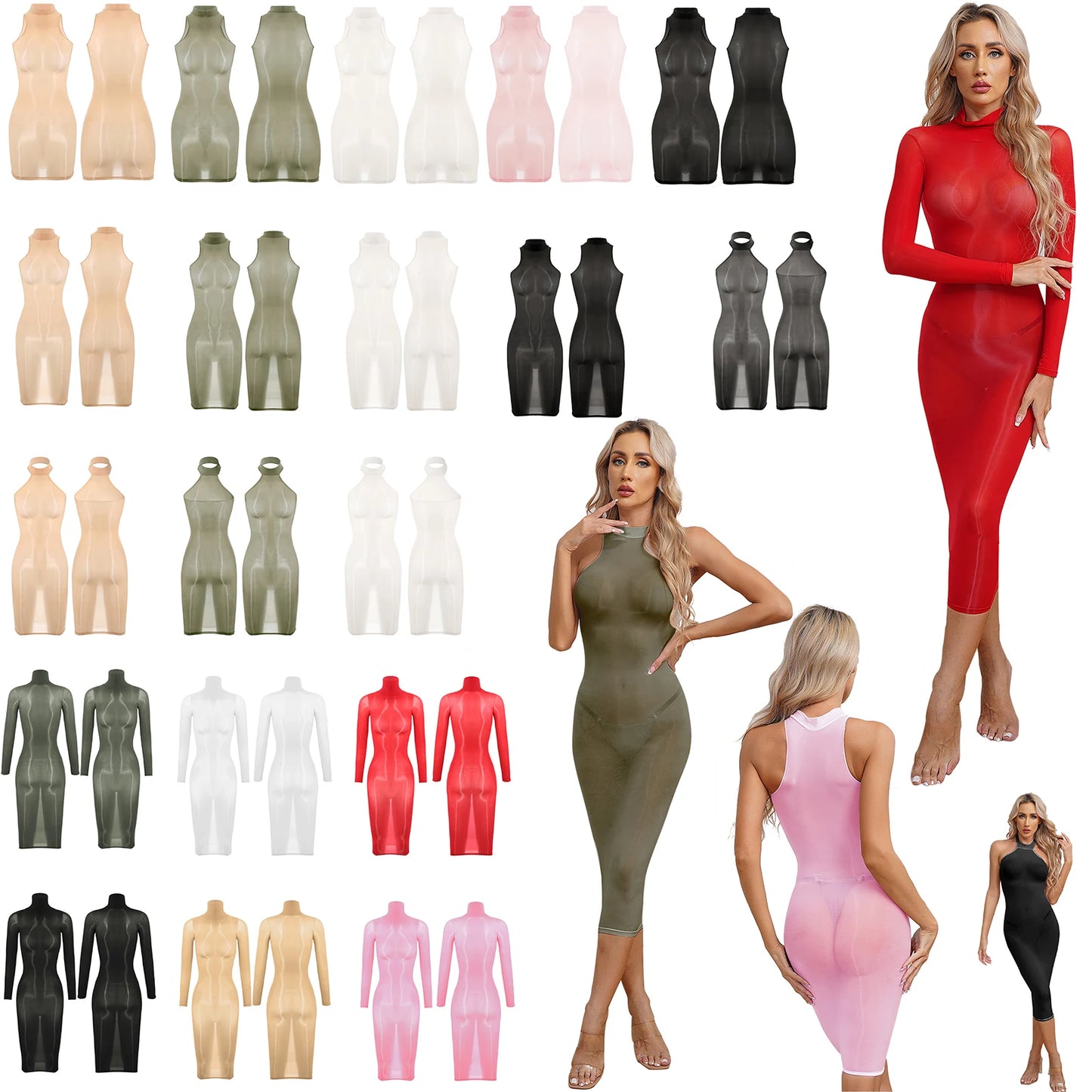 Durchsichtiges, schmales Dessous-Kleid für Damen, hochelastisch, glänzend, figurbetontes Kleid, langärmelig, ärmellos, für Dating, Club, Rave-Party