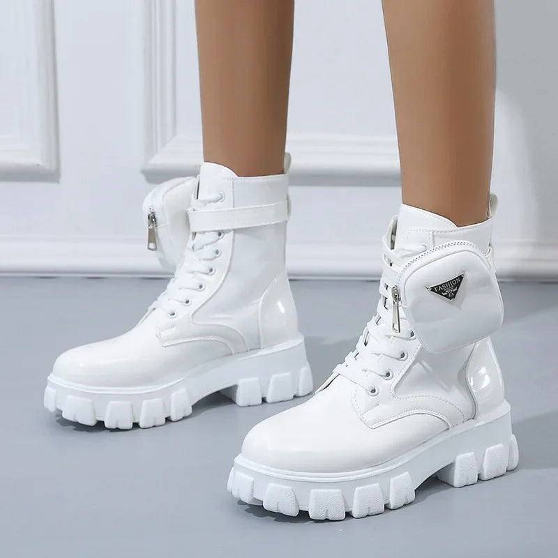 Women Boots New in Motorcycle Ankle Boots Wedges Female Lace up Platforms White Black Leather Oxford Shoes Women Boots