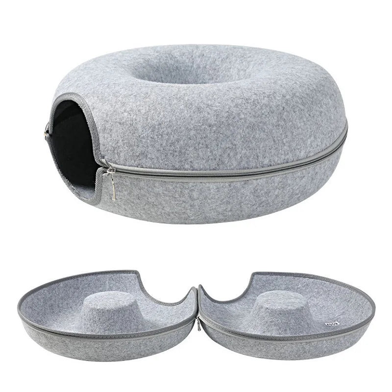 Donut Cat Bed for 2 Cats Pet Cat Tunnel Toys Kitten House Basket Interactive Play Toys for Cats Natural Felt Rabbit Cave Nest