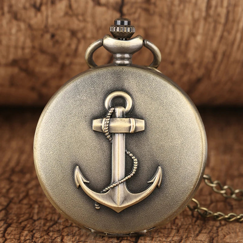 Vintage Copper Pocket Watch Men Anchor Souvenir Gift with 80cm Necklace Chain Classic Design Quartz Best Gift Clock Male Child