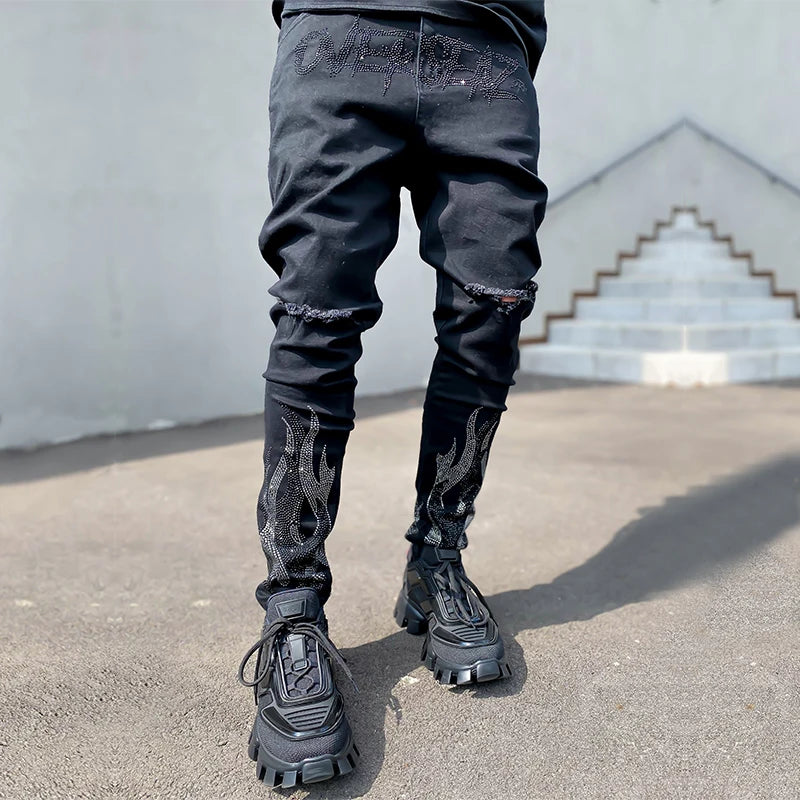 y2k Men Stretchy Ripped Skinny Black Jeans Slim High Quality Hole Trousers Aesthetic Rhinestones Streetwear Denim Pencil Pants