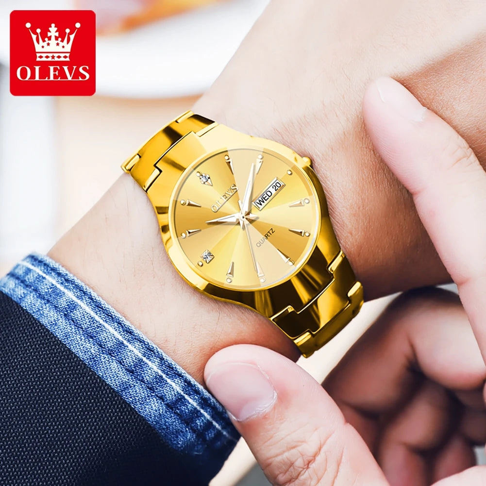 OLEVS Wolfram stahl herren Uhr Luxus Wasserdicht Leuchtende Original Quarz Business Woche Kalender Dress Watch Für Männer Original