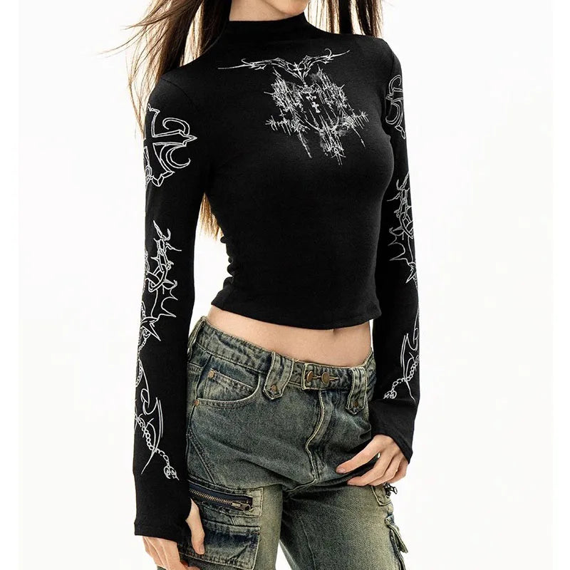 Women T-Shirt Y2k Black Vintage Clothes Half high neck Tees Grunge Fashion Gothic Graphic Streetwear Long Sleeve Crop Tops EMO