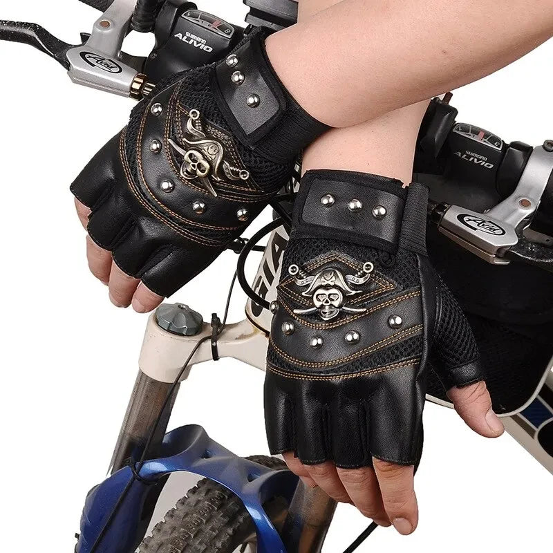 Pirate Captain PU Leather Fingerless Gloves Men Women Skulls Rivet Mitts Hip Hop Gym Gloves Female Moto Half Finger Gloves