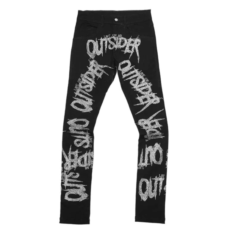 y2k Men Stretchy Ripped Skinny Black Jeans Slim High Quality Hole Trousers Aesthetic Rhinestones Streetwear Denim Pencil Pants