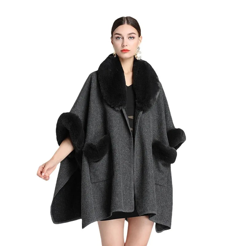 Autumn/winter New Style European American Fashion Loose Fit Woolen Jacket Cardigan Women's Imitation Rabbit Fur Collar E2018