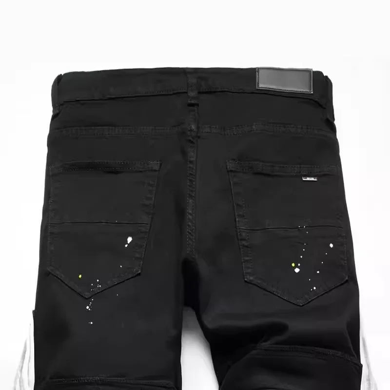 New Small Straight Black Men's Slim Fit Micro Elastic Broken Willow Nail Jeans Trendy Pants 3111