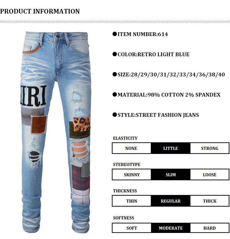 Designer fashion new men's retro light blue jeans stretch slim fit perforated flower patch splicing jeans high street hip-hop br