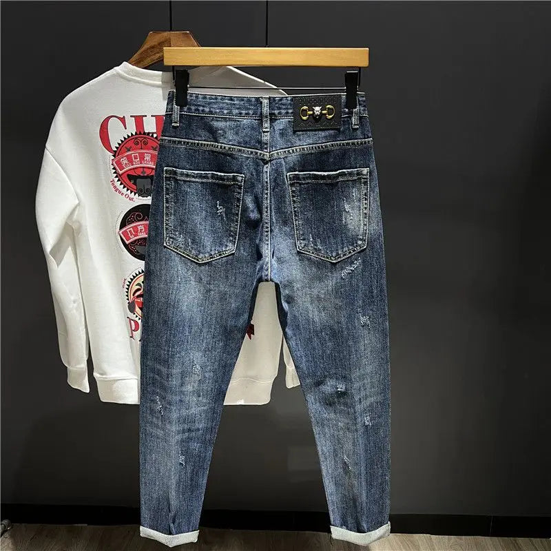 Men's Jeans Broken Tapered Torn with Print Trousers Graphic Retro Korean Fashion Ripped Slim Fit Man Cowboy Pants Designer Holes