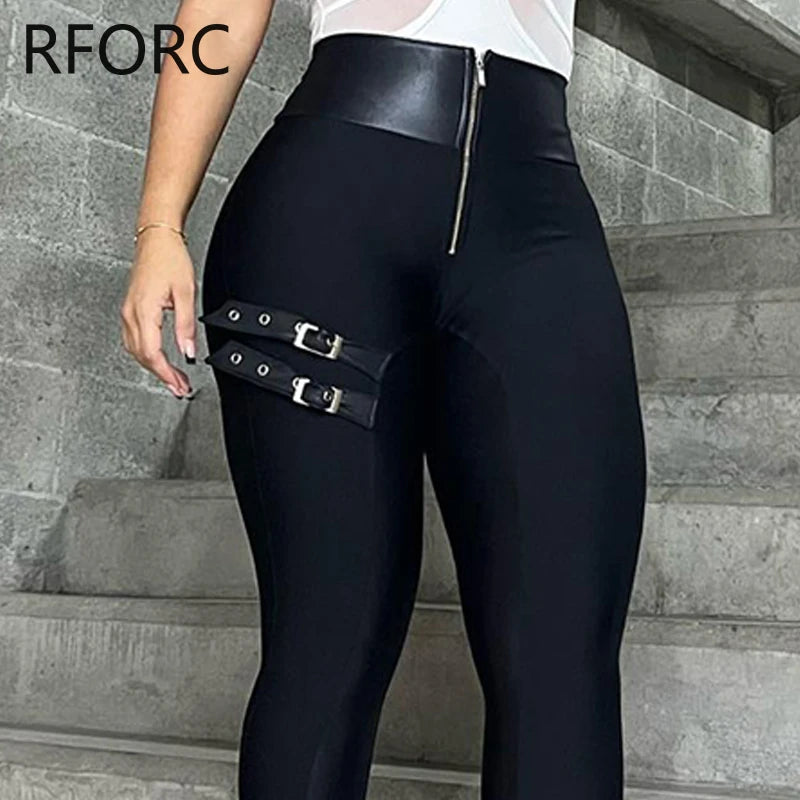 Women Chic Pu Leather Patchwork High Waist Zipper Bandage Skinny Black Pencil Pants