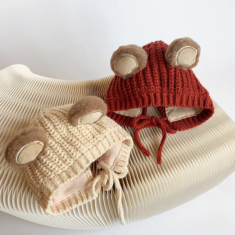 2024 Autumn Winter Newborn Girl Hat Bear Rabbit Ears Knitted Infant Girl Caps Multiple Color Available Lace-up Baby Girl Hats