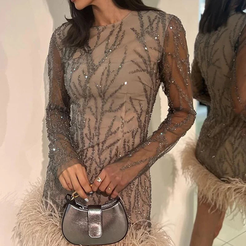 Fashion Sequins Feather Hem Sheer Mesh Skinny Dresses Sexy Round Collar Long Sleeve Dress Elegant Female Party Evening Vestidos