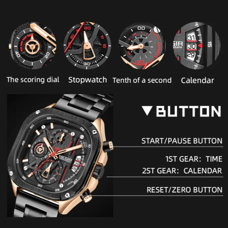 MEGIR 2217 Men Quartz Watch Creative Design Square Dial Chronograph Waterproof Stainless Steel Strap Luminous Date Wristwatch