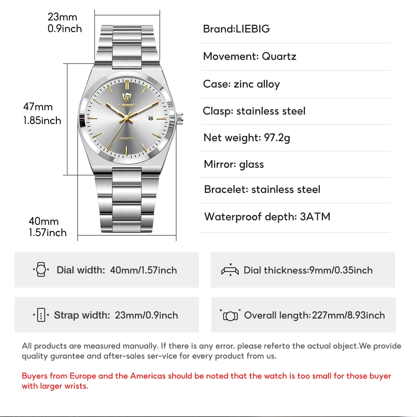 LIEBIG Male Luxury Quartz Watches Fashion Stainless Steel Watch For Men Women Simple Business Waterproof Wristwatch Reloj Hombre