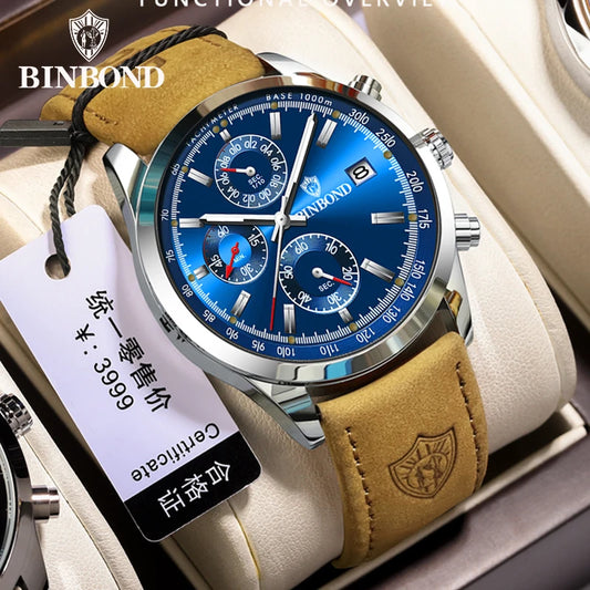 BINBOND Luxury Man Watch High Quality Waterproof Chronograph Luminous Men's Wristwatch Leather Men Quartz Watches Casual Clock