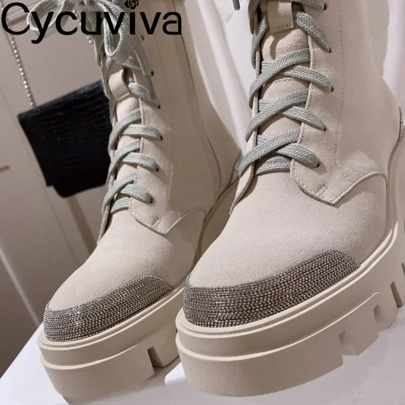 Autumn New Thick Sole Platform Chelsea Boots Women Rice White Suede Lace Up Mid Calf Short Boots Chunky Flat Heel Knight Boots