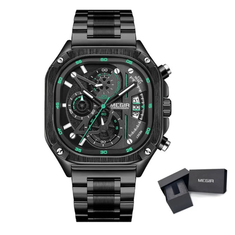 MEGIR 2217 Men Quartz Watch Creative Design Square Dial Chronograph Waterproof Stainless Steel Strap Luminous Date Wristwatch