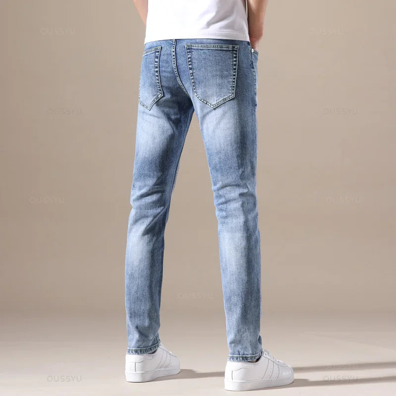 OUSSYU Brand Clothing Jeans Men High Quality Stretch Light Blue Denim Fashion Pleated Retro Pocket Skinny Trousers Pants 28-40