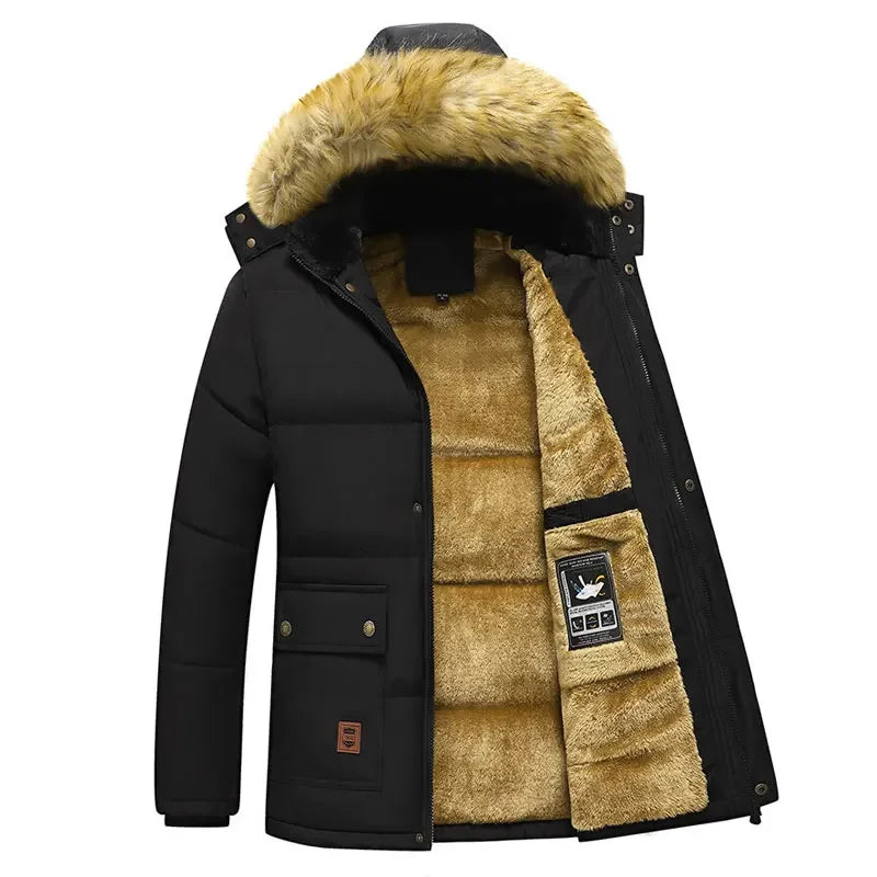 2024 New Men Winter Autumn Work Outwearing Parka Black Fleece Lined Thick Warm Hooded Fur Collar Coat Male Size 5XL Plush Jacket