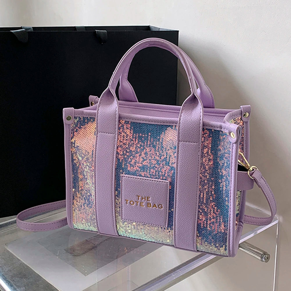 New The Tote Bag Letter Printed Sequins Top-Handle Bag Women Leather Handbag Luxury Designer Glitter Shoulder Crossbody Bag