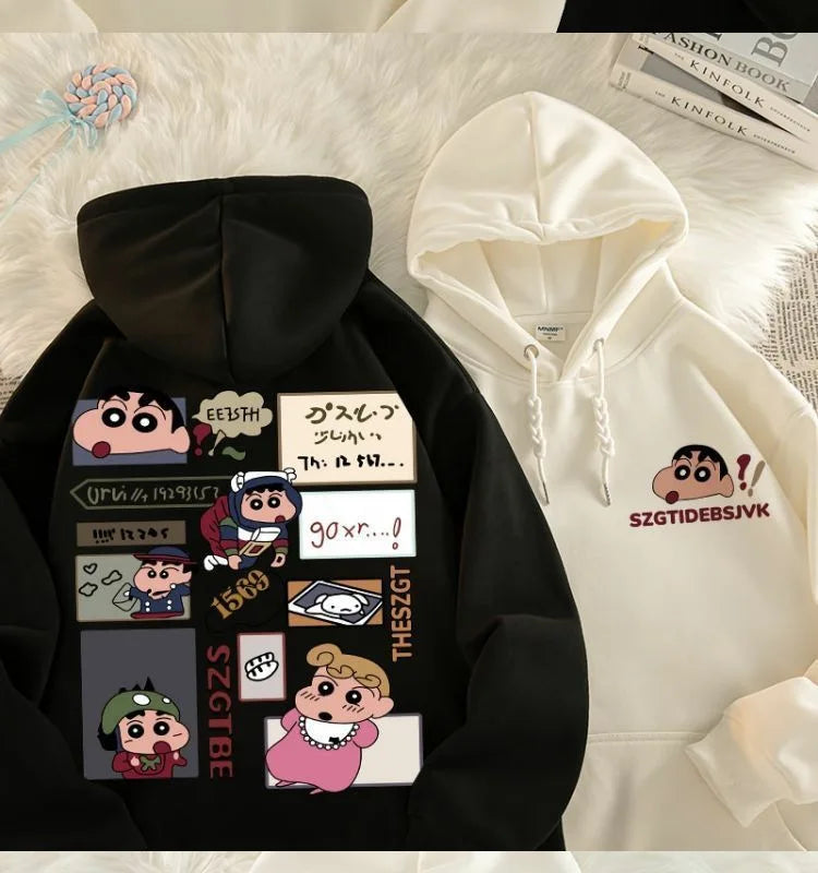 Anime Cartoon Crayon Shin chan Hoodie Couple Style Fashionable Casual Cute Plush Hoodie Autumn/Winter New Loose Shoulder Top