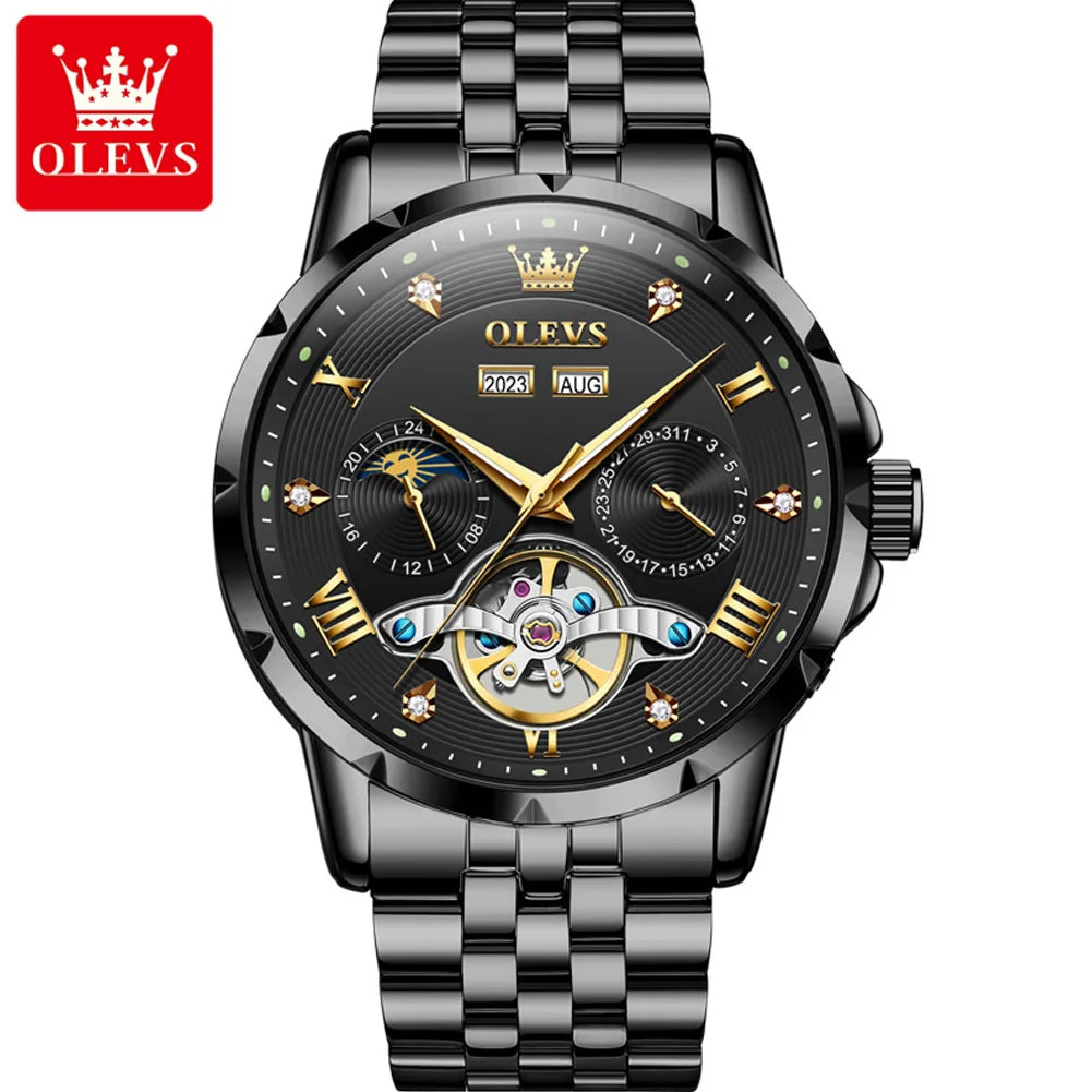 OLEVS 6691 Men's Automatic Mechanical Wristwatch Luxury Skeleton Flywheel Design Moon Phase Waterproof Original Brand Man Watch