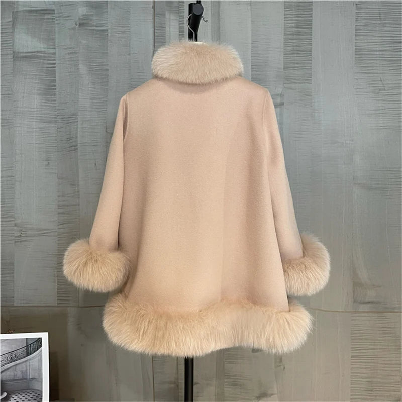 Mode Natürliche Winter Pelzmantel Echt Fuchs Pelz Kragen Kaschmir Wolle Woolen Frauen Jacke Luxus Outwear Neue Damen Weiblichen Mantel