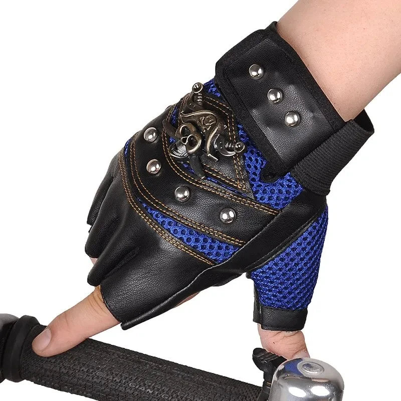 Pirate Captain PU Leather Fingerless Gloves Men Women Skulls Rivet Mitts Hip Hop Gym Gloves Female Moto Half Finger Gloves