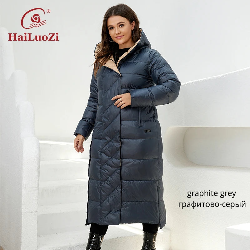 HaiLuoZi  New Winter Women's Jackets Plus Size Mid-length Thick Hood Warm Zipper Belt Classic Casual Women Coat Parkas 6037