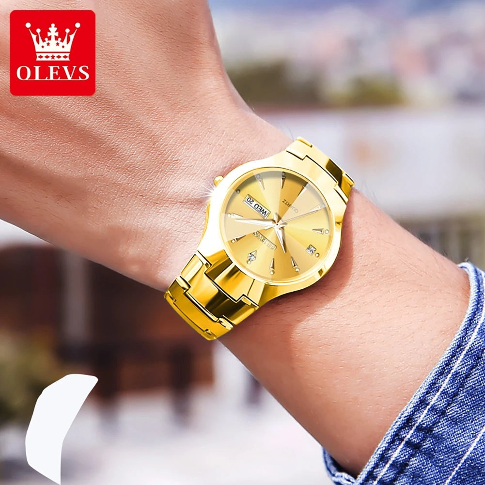 OLEVS Wolfram stahl herren Uhr Luxus Wasserdicht Leuchtende Original Quarz Business Woche Kalender Dress Watch Für Männer Original