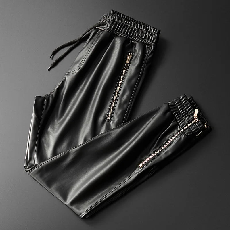 Men's Leather Pants Superior Quality Elastic Waist Jogger Pants PU Leather Motorcycle Trousers Biker's Pants