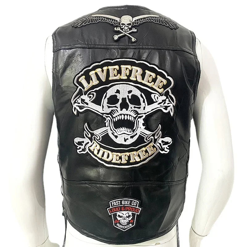 Motorcycle Leather Vest Embroidered Patch Moto Sleeveless Jacket Cycling Casual Street Vest Motorcycle Club Punk Vest