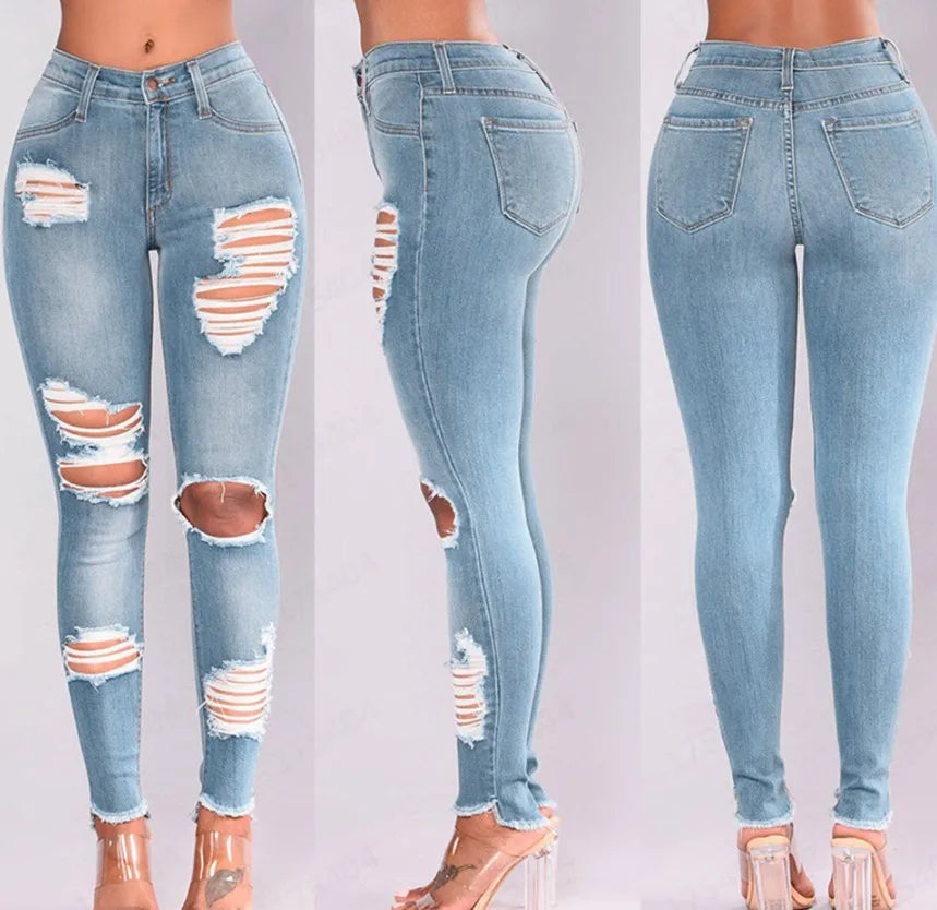 2022 Hot Sale Ripped Jeans For Women Fashion Slim Stretch Denim Pencil Pants Street Hipster Trousers Casual Female Clothing