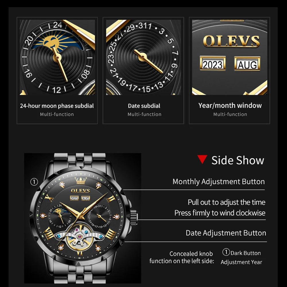 OLEVS 6691 Men's Automatic Mechanical Wristwatch Luxury Skeleton Flywheel Design Moon Phase Waterproof Original Brand Man Watch