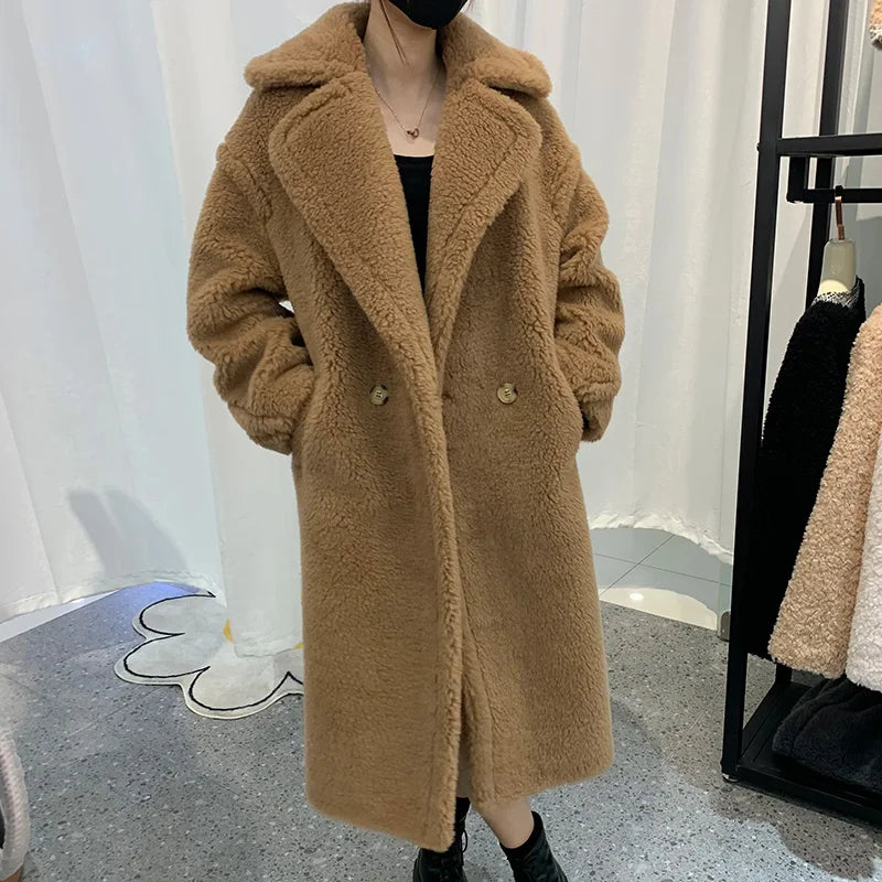 Women's Thick Warm Teddy Coats, Real Wool Long Coats, Lady Luxury Outerwear, Natural Fur, S7480A, Winter, 2022