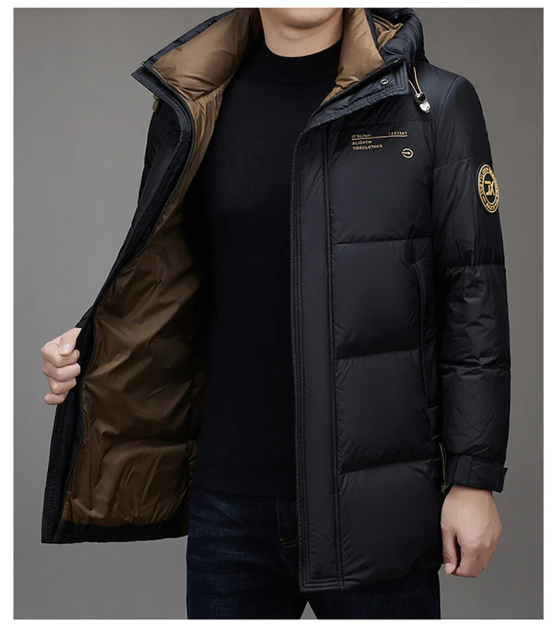 Light Luxury Down Jacket Men's Long Winter 2024 Trendy 90% White Duck Down Warm Coat Business Casual Hat Lightweight Down Jacket