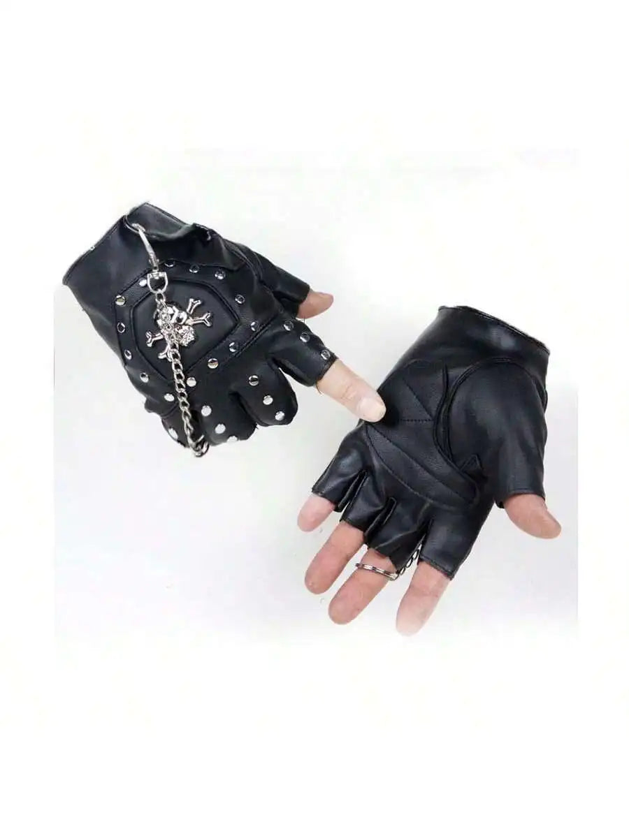 Skulls Rivet PU Leather Fingerless Gloves Men Women Fashion Hip Hop Women's Chain Punk Gloves Half Finger Men's Gloves