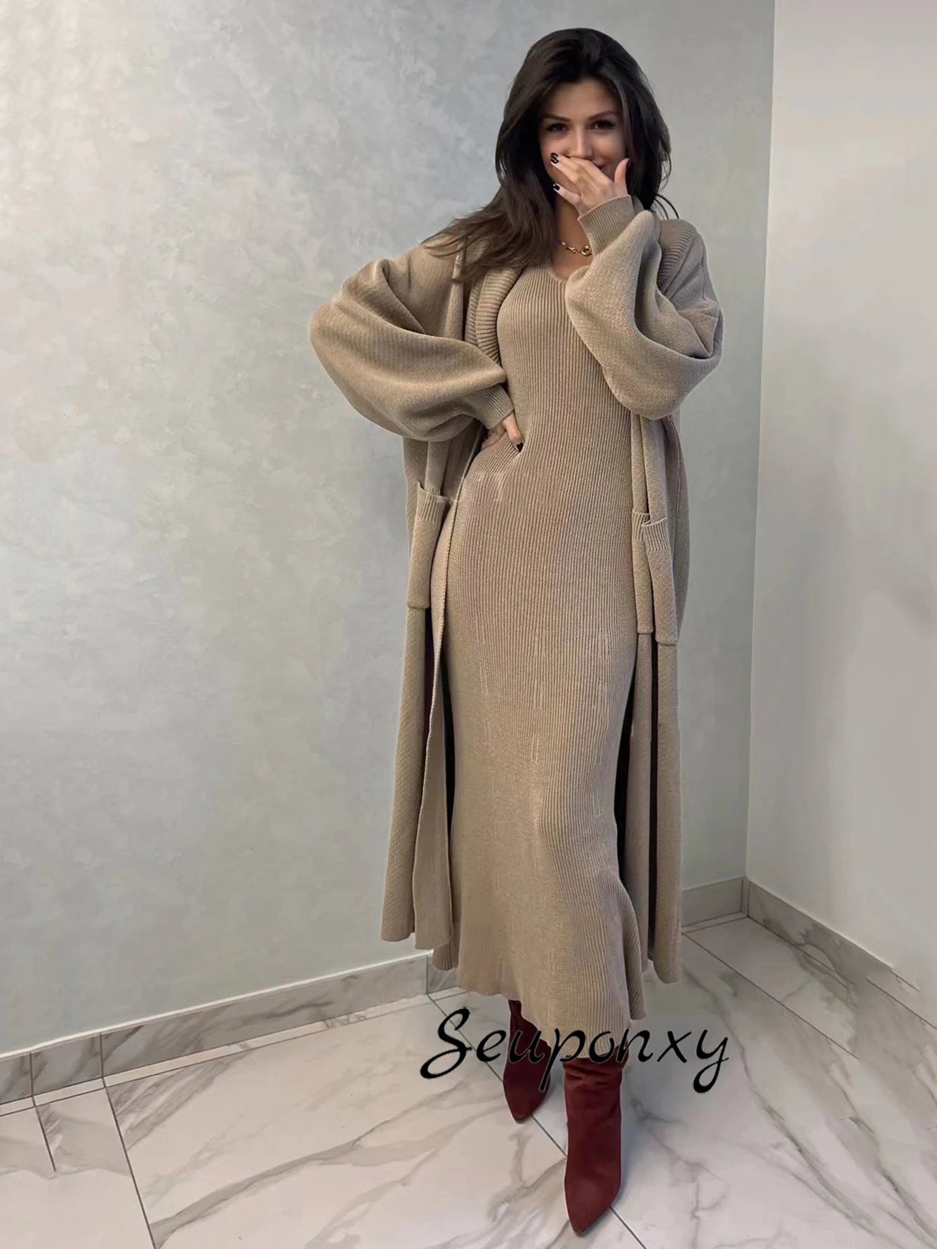 High Quality Women'S Solid Color Knitted Set, Sexy Long Sleeved Loose Long Cardigan Jacket+Sleeveless Dress Casual Two-Piece Set