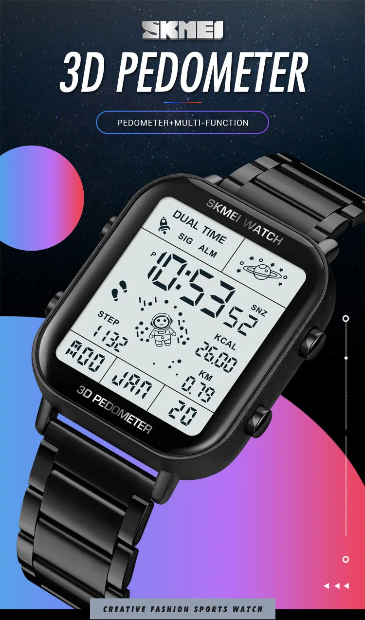 SKMEI Back Light Display Sport Pedometer Digital Watches Mens Stopwatch Countdown Wristwatch Calendar Calorie Calculation Clock