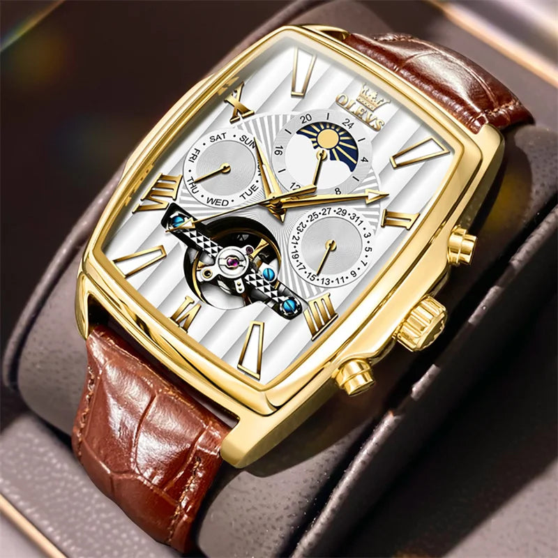 OLEVS Luxury Rectangular Dial Mechanical Watches Waterproof Leather Automatic Luminous Watch Business Men relogios masculino