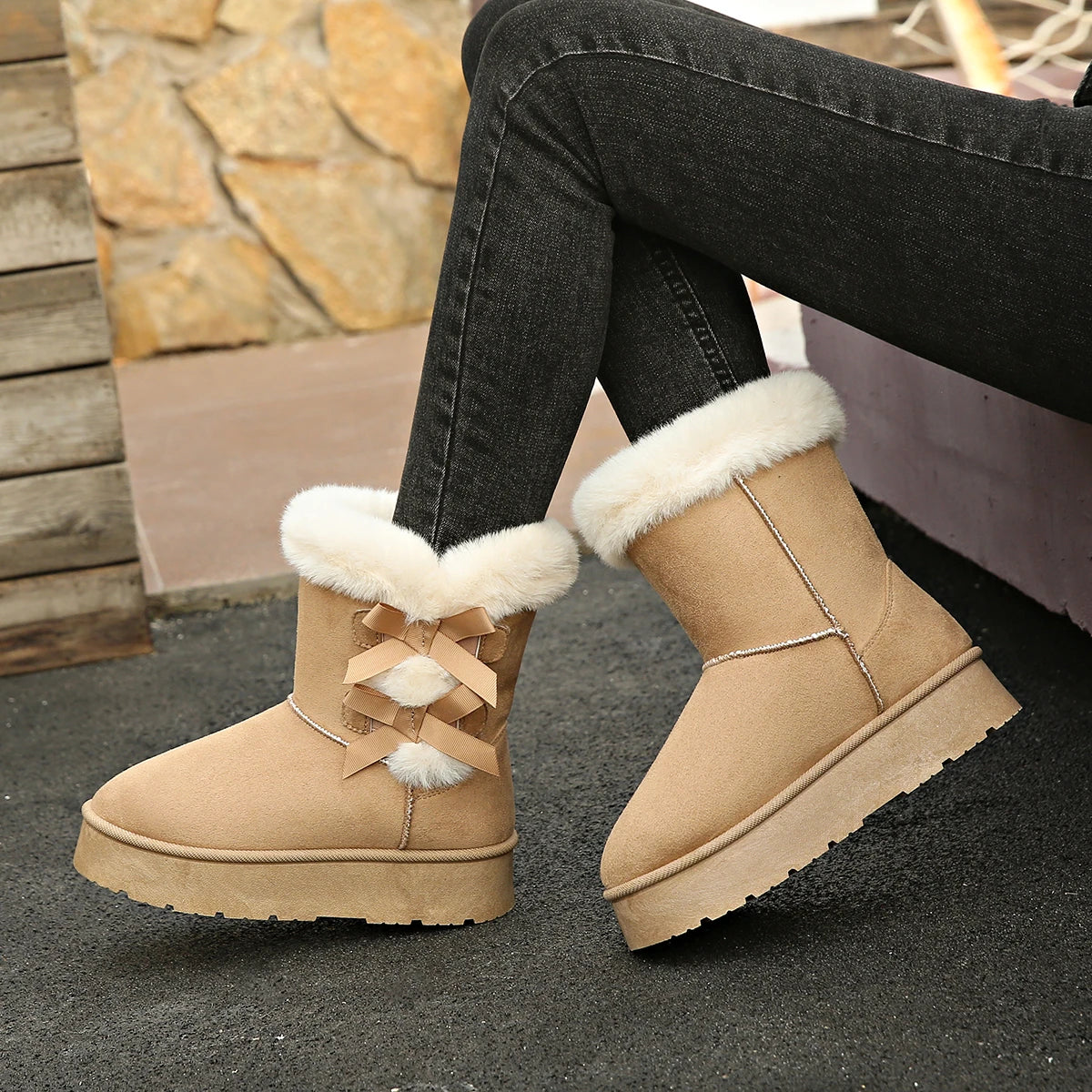 Winter Mid-calf Boot Women Plus Velvet Thick Sole Non-slip Fashion Bow Knot Women Boots Classic Retro Solid Color Shoes Women