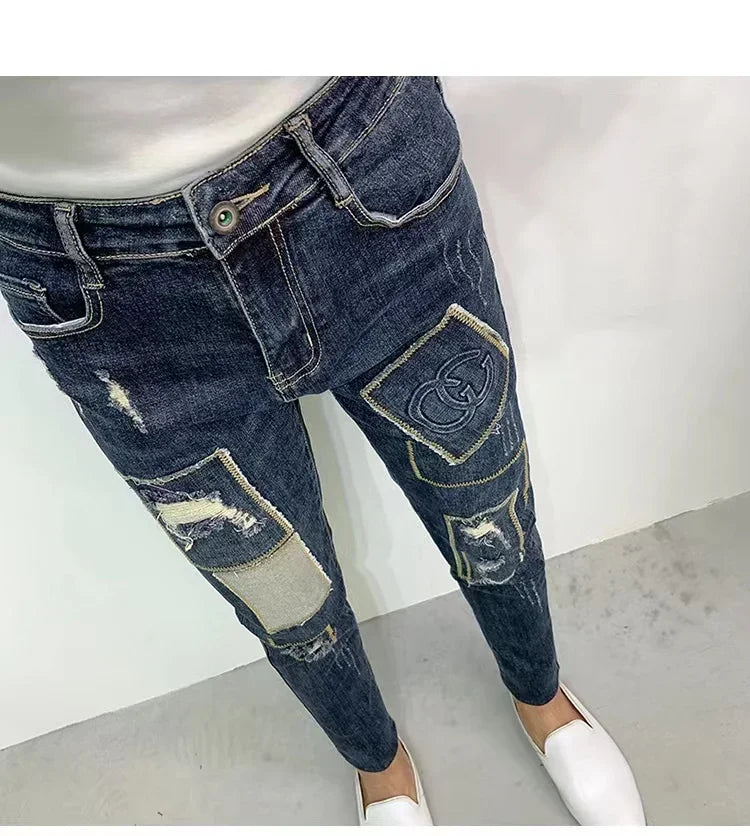 Autumn Trendy Korean Version Slim Fit Jeans For Men Unique Hole Patchwork Design Casual Style High Waist Bootleg Pants