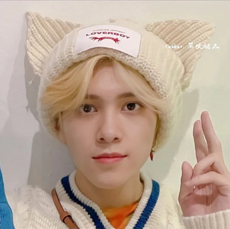 KPOP HyunJin Knitted Hat WAYV HENDERY INS Style Wool Cat Ear Hat Winter Warm Decorative Cap Couple Christmas Gifts