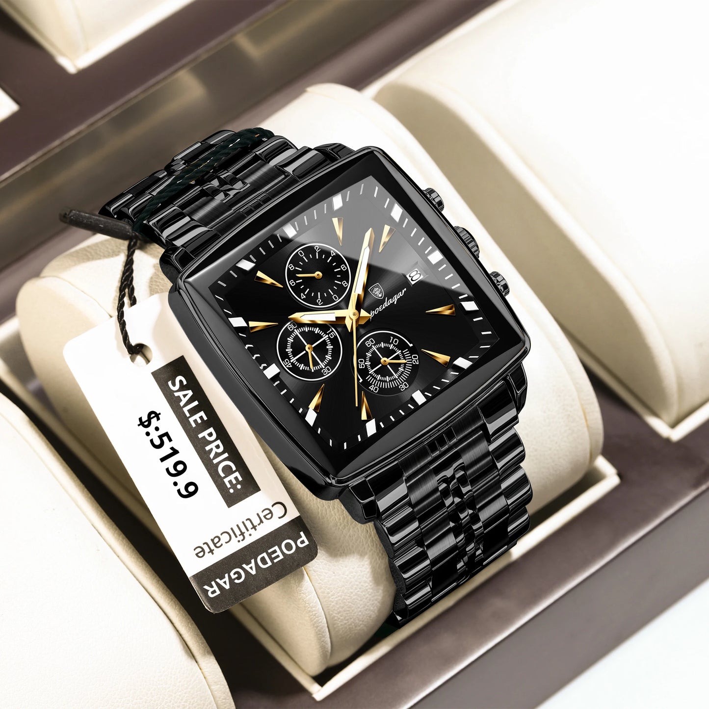 POEDAGAR Business Men Clock Waterproof Luminous Calendar Chronograph Square Man Watch Stainless Steel Quartz Men's Watches Reloj