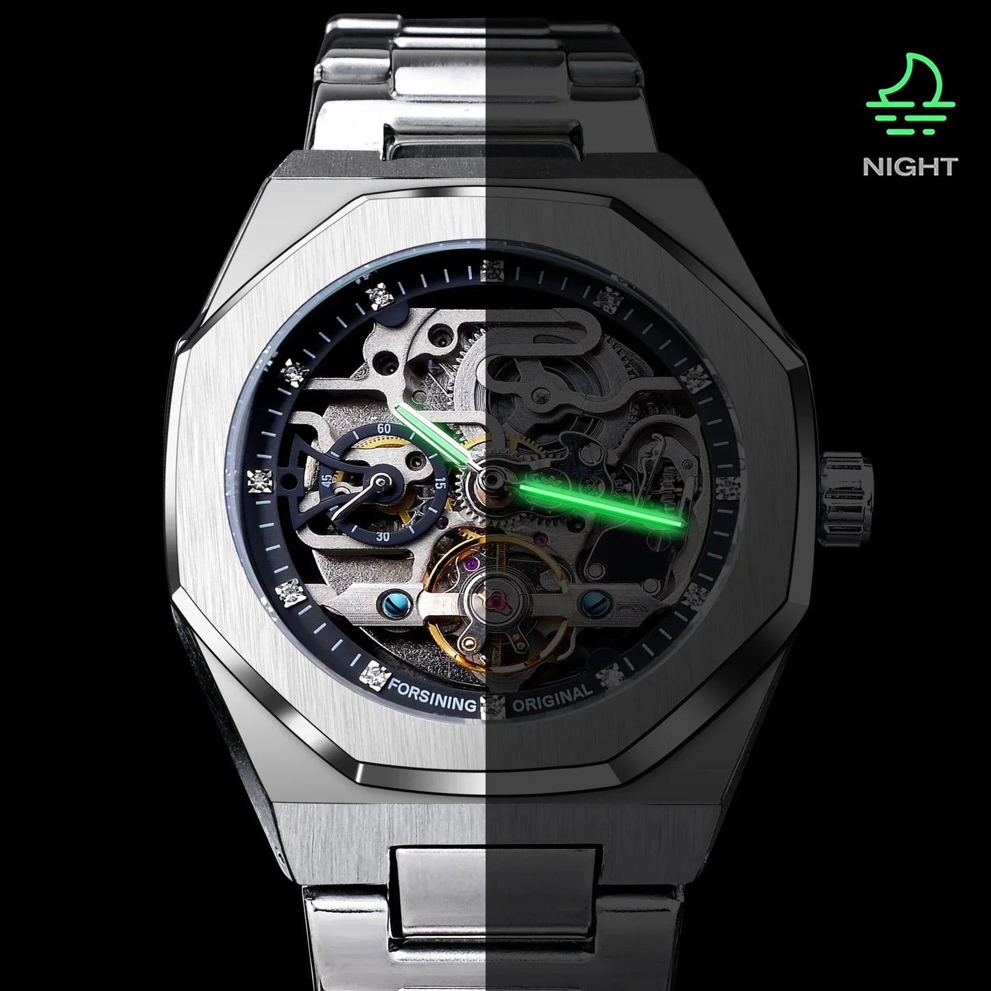 Forsining Casual Automatikuhr 3D Diamant Skelett Hohl Herren Armbanduhren Leuchtende Militäruhren Tourbillon Montre Homme