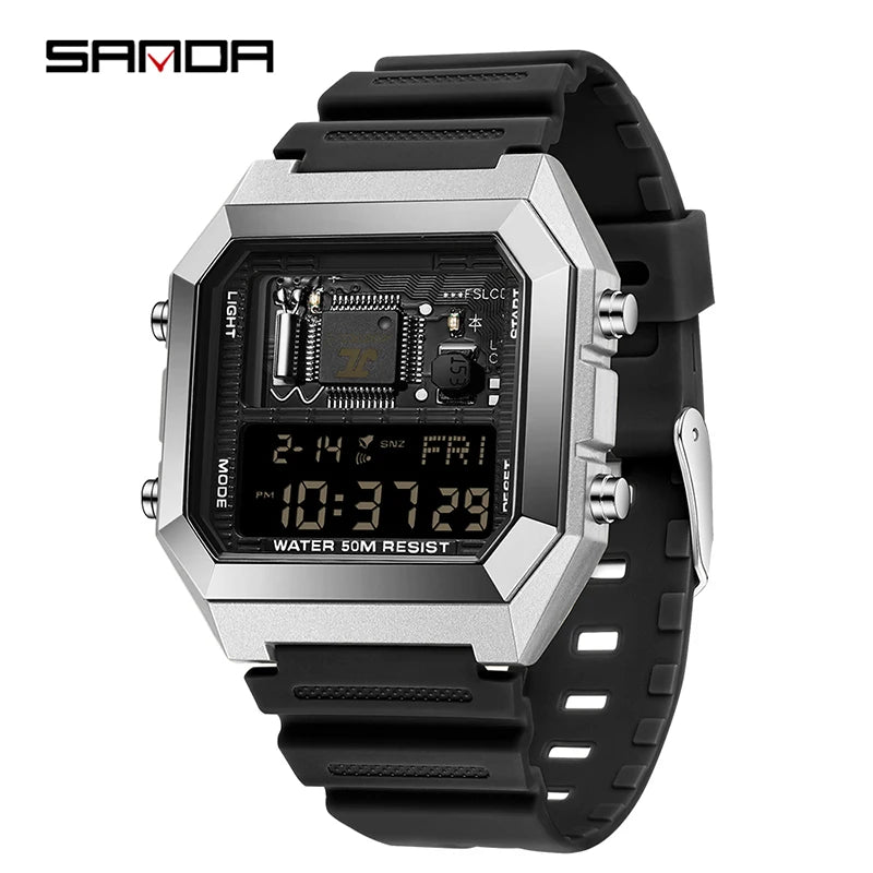 SANDA Fashion Male And Female Student Electronic Watches New Square Multi Functional Waterproof Luminous Countdown Sport Watches